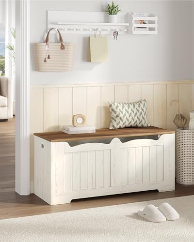 Image of Hzuaneri 43.3 inch Storage Chest, Extra Large Storage Bench Trunk with 2 Hinges, Wooden Box, Lift-Top Chest Organizer, Shoe Bench for Entryway, Bedroom, Living Room, White and Brown SB25514X