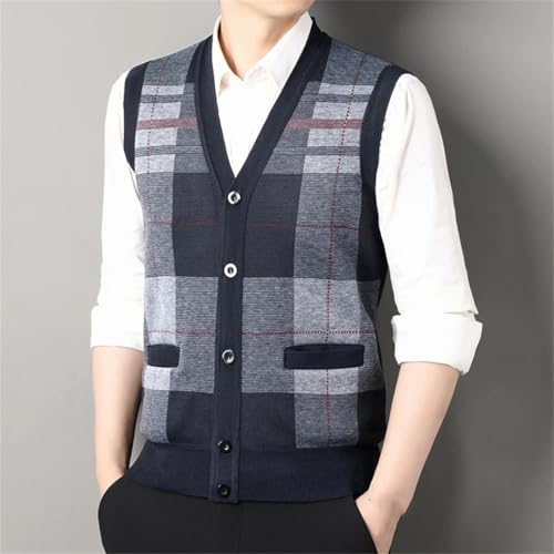 Men's Autumn V-Neck Sleeveless Knit Vest Warm Fleece Checkered Button Cardigan Casual Business Sweater 5