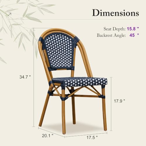 Image of PURPLE LEAF Outdoor Dining Chair Set of 4 Patio French Aluminium Frame in Bamboo Finish with Navy Blue & White Woven Rattan for Kitchen Deck Bistros Cafe Restaurant