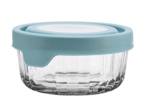 Anchor Hocking TrueSeal Embossed Glass Food Storage Container with Airtight Lid, Mineral Blue, 2 Cup