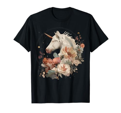 Unicorn Floral Fall Autumn Moon Magical Fantasy Mythic Women T-Shirt