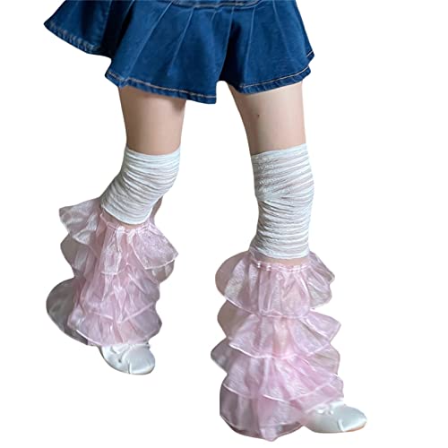 Image of Women Leg Warmers Ruffled Lace Patchwork Long Thigh High Socks Boot Cuffs Cover for Streetwear