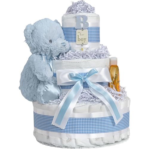 Lil' Baby Cakes Blue Boy Diaper Cake - Makes a Beautiful Boy Baby Gift - Adorable and Practical - Handmade with 42 Swaddler 1 Diapers - Size 10 in x 12 in