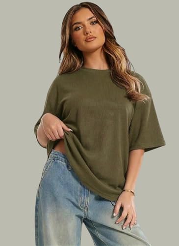 Image of RodZen Oversized Fit Half Sleeves Round Neck Textured Polycotton T-Shirt for Women /Girls (Pack of 2)