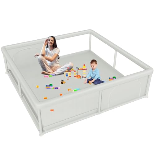 Image of Hiaksedt 79x79 Inch Baby Playpen for Babies and Toddlers, Extra Large Play Yards for Indoor & Outdoor with Zipper Gates, Breathable Mesh with Anti-Slip Base