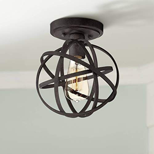 Franklin Iron Works Atom Industrial Rustic Farmhouse Ceiling Light Semi Flush-Mount Fixture 8" Wide Black Iron Led Dimmable Open Cage For Bedroom Kitchen Living Room Hallway Dining Room Bathroom #TOP12