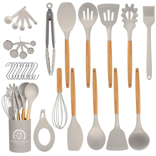 Omtofo 33 Piezas Juego de Utensilios de Cocina de Silicona, Fabricado en Silicona y Mangos de Madera, Resistente al Calor Antiadherente, Utensilios Cocina Apto para Todas Las Ollas y Sartenes, Caqui