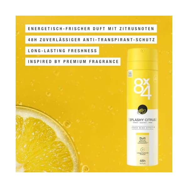 8X4 Splashy Citrus Deospray, Deodorant mit energetisch-frischem Zitrusduft, Sprühdeo mit zuverlässigem 48h Anti-Transpirant-Schutz (150 ml) – Bild 3