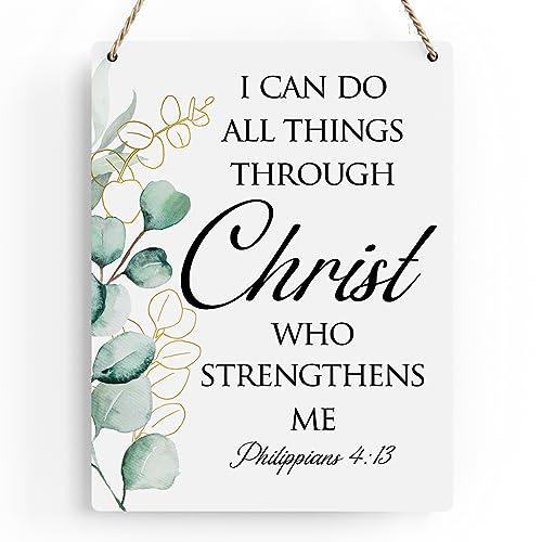 BELLOWDEER Inspirational Decor Philippians 4:13 Christian Gifts Bible Verse Wall Art Scripture Wooden Hanging Sign for Modern Home Office Bathroom Bedroom Wall Art Decoration 8x10 Inches