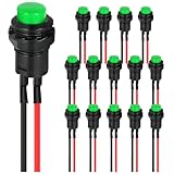 MKBKLLJY 15St. Selbstsperrender Schalter 12mm Grüner Mini-Rasttaster Schalter ON Off AC 250V/1.5A 125V/3A Micro Runder Drucktaster Schalter 2Pin 12V mit vorverdrahteten Drähten für PC Tischlampe