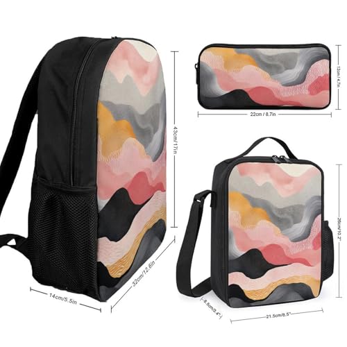 3 Piece Backpack for Women Men Lightweight Causal Daypack Shoulder Bag Set with Insulated Lunch Bag And Pencil Case Organizers White And Gray Pattern2
