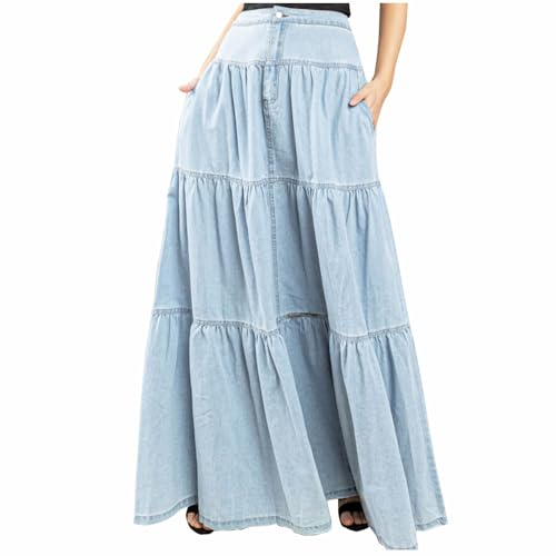 Womens Jean Long Skirts Tiered Denim High Waisted Western Cowgirl Maxi Skirts A Line Pleated Layers Chino Skirt