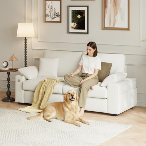 Image of MALOL 76 inch Loveseat Couch, 3 Seater Upholstered Midcentury Mondern Love Seat with USB Type C Ports, 4 Pillows and Storage Armrest Cloud Foam Sofa for Living Room /Small Spaces, Beige | Breathable material