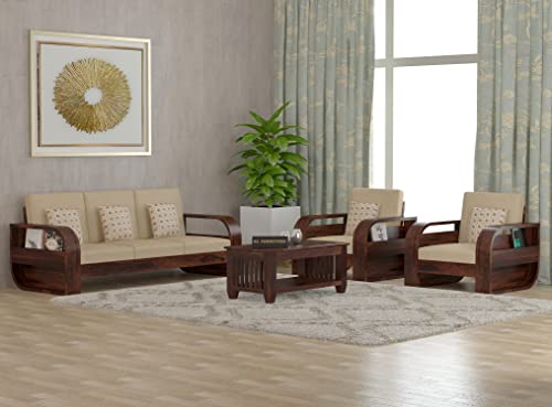 Image of K L FURNITURESolid Sheesham Wood Sofa Set 5 Seater (3+1+1) For Living Room | Termite Free |Wooden Sofa Set Furniture Sofa 5 Seater Living Room Home | Sofa Set (Brown Finish)