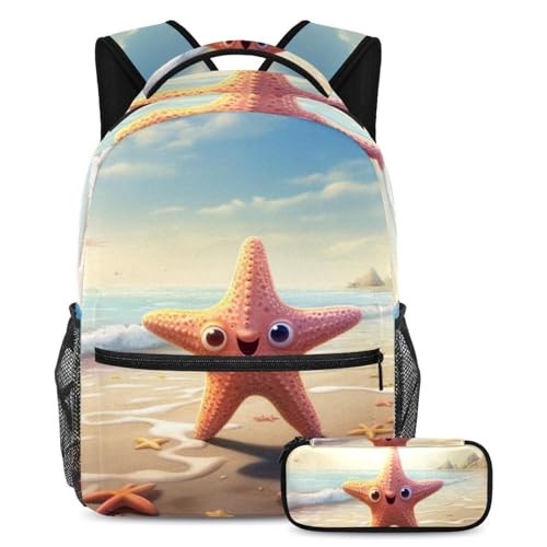 Sac à dos scolaire 21 pouces avec trousse étoile de mer bleue pour voyage étudiant