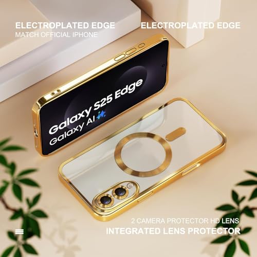 Image of VONZEE Clear Logo Electroplating Transparent Case for Samsung Galaxy S25 Edge 5G, Magnetic Plating [Support for MagSafe Charger] Electroplate TPU Cover - Gold