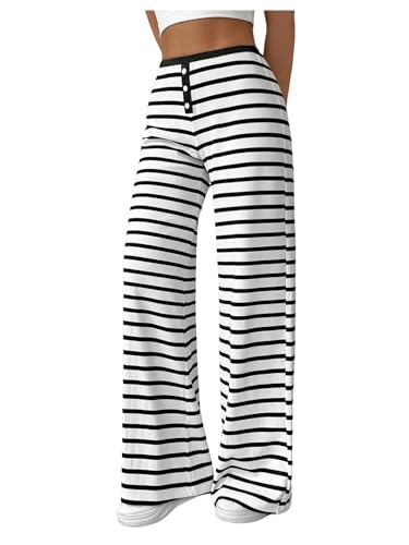 Floerns Women's Summer Striped Print Elastic Waist Loose Fit Straight Leg Pants