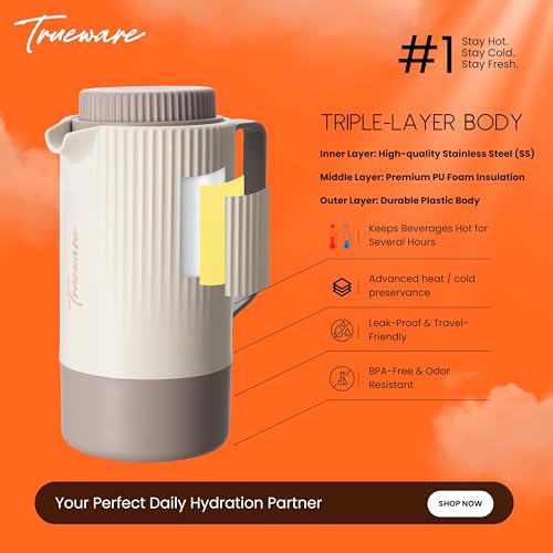 Image of Trueware Amaze ISI Certified Inner Steel Thermoware 1000 ML Hot & Cold Flask Jug, BPA Free, Leak Proof, Ideal for Tea, Coffee, Water, Hot and Cold Beverages