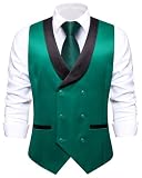 Hi-Tie Dark Green Suit Vest For Men Double Breasted Silk Waistcoat Slim Fit Shawl Collar U Neck Wedding Formal Tuxdeo
