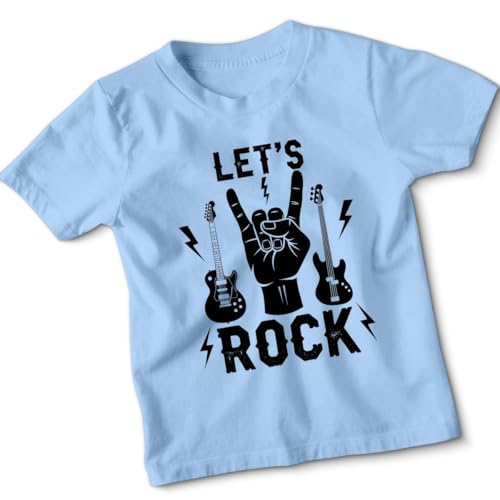 Image of Kids Rockstar Tshirt Childrens Let's Rock! Guitar Band Rock N Roll Tee 9-11 Years Sky Blue