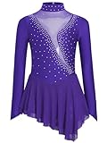 Eandarui Vestido de patinaje sobre hielo para niña, manga larga, con brillantes brillantes, vestido de baile, manga larga, cuello alto, maillot de patchwork con falda irregular, morado, 110-116