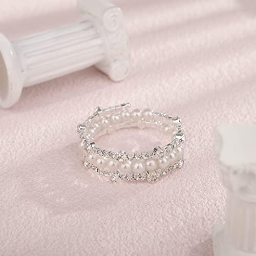 Yertter 3-Row Wedding 1920S Silver Pearl Wrap Cuff Bangle Pearl Crystal Rhinestone Stretch Bangle Bracelet Gift For Women Girls (Style E -Silver) #TOP4