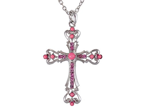 Alilang Silvery Tone Pink Rhinestone Ornate Cross Pendant Necklace