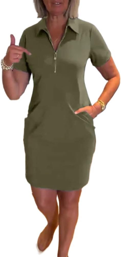 Lapel Zipper Midi Dress for Women Short Sleeve V-Neck Collar Casual Shirt Dress with Pocket Trendy Office Dress 2025