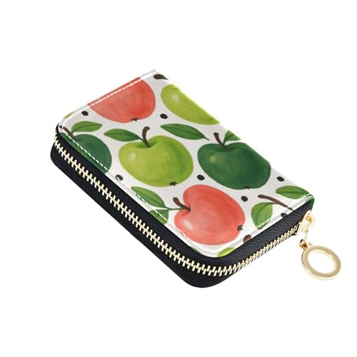 RFID Blocking Credit Card Wallets Leather Wallets for Women Small Zipper Wallet with Coin Pouch Watercolor Green Pink Apples