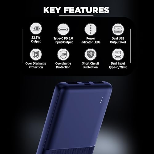 Image of Intex Strong Neo QCPD 10000mAh Power Bank with 22.5W Fast Charging, Type-C PD Input /Output, Dual USB Output, LED Indicators, Advanced Protection, Portable Power Bank for Smartphones & Tablets (Blue)
