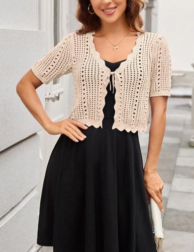 Image of Kate Kasin Women Crochet Shrug Knit Sweater, Short Sleeve Cropped Cardigan | Tie Front Tops Light Weight, Knit Cover Up Arm Bolero For Evening Dresses Dressy Casual, Ladies Eyelet Shawl Thin Formal