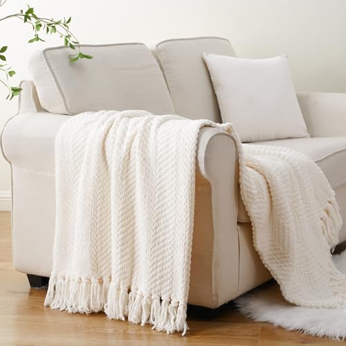 Image of BATTILO HOME Cream Throw Blanket for Couch, Knit Throw Blanket, 50 inchx60 inch
