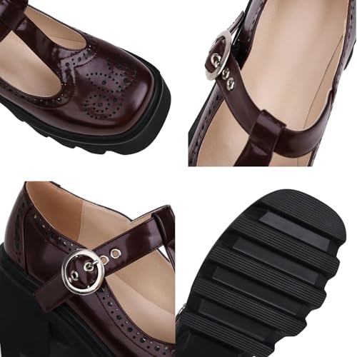Women's Retro Wingtip T Strap Lug Sole Platform Mary Janes Shoes Fashion Round Toe Adjustable Buckle Chunky Heel Pumps Increase Height Lolita Oxfords Dress Shoes3