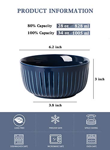 Kanwone Porcelain Bowl Set - 34 Ounce For Cereal, Salad And Soup - Set Of 4, Navy, Microwave And Dishwasher Safe Bowls #TOP1