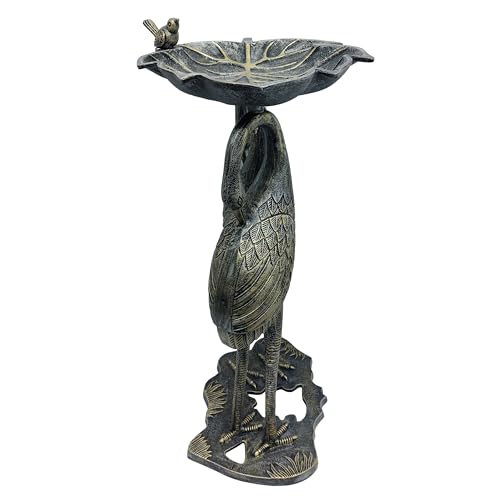 Image of Oakland Living Cast Aluminum 30-in Twin Crane Silver Gold Bird Bath with Leaf Bowl