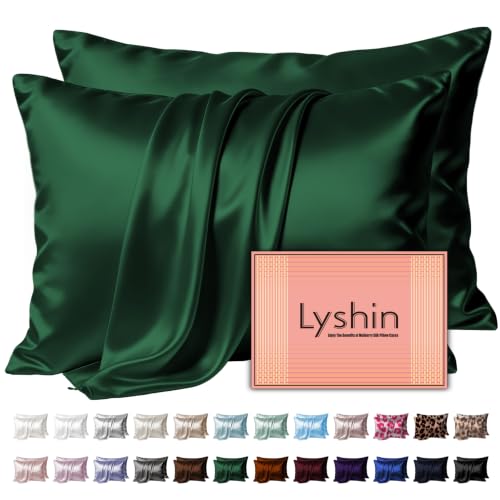 Image of LYSHIN Silk Pillow Cases 2 Pack King Size with Zipper, Olive Green | 19 Momme Mulberry Silk Pillowcase for Skin and Hair, Anti-Acne, Hypoallergenic, Cooling, Beauty Sleep, Gifts for Women