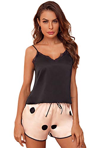Shein Women's 3 Piece Lace Trim Polka Dots Cami Top And Shorts Pants Satin Pajama Set Black And Beige Small #TOP1