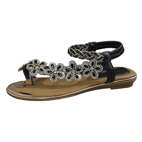 Summer Sandals for Women 2025 Bohemian Beaded Rhinestone Ankle Strap Dressy Wedding Shoes Comfortable Beach Flat Sandals