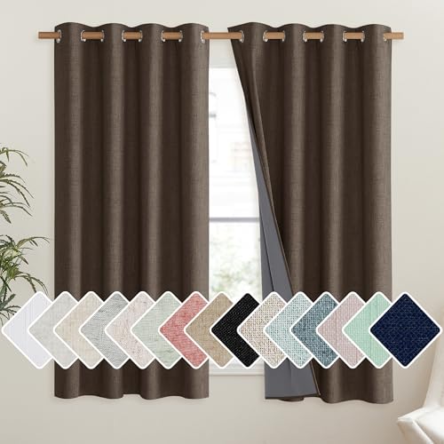 NICETOWN Coffee Vintage Linen 100% Blackout Curtains for Living Room,