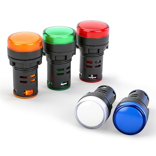 Image of BAOMAIN 22mm LED Industrial Indicator Light,110V AC Pilot Signal Lamp for Industrial Machinery Control Circuits,7 /8 inch Panel Mount, Screw Terminal,5-Color,2 Each of Red,Green,Yellow,Blue,White