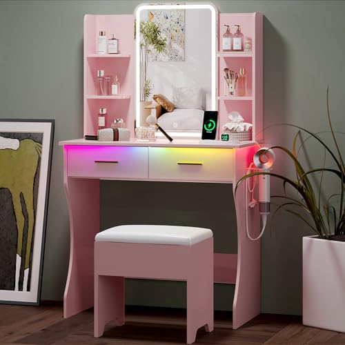Small Vanity Desk with Mirror and Lights, Makeup Vanity with LED Lights, Pink Vanity Mirror with Lights Desk and Chair, 3 Lighting Adjustable Compact Vanity Mirror with Lights for Women, Girls
