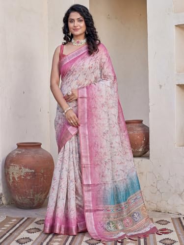 Image of AKHILAM Women's Grey Kanjivaram Soft Cotton Linen Silk Saree With Blouse Piece