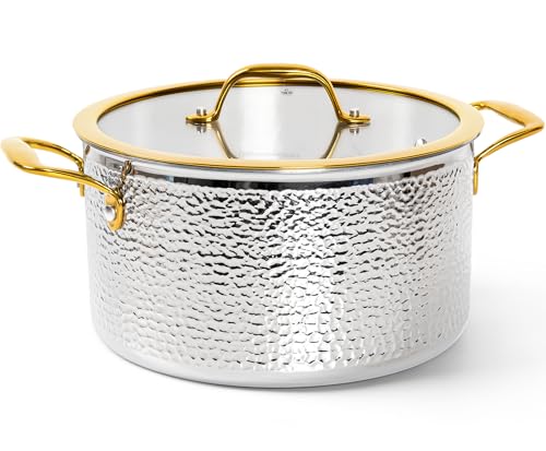 Michelangelo Triply Stainless Steel Stock Pot with Lid, Luxury Hammered Stainless Steel 6 Quart Pot with Lid & Golden Handle, Premium Induction Stockpot - 6QT