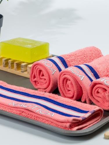 Image of NAUTICA Super Soft Zero Twist 100% Cotton Towel -4pc Face Towel (Vintage Crew Stripe) solid-coral-500 GSM