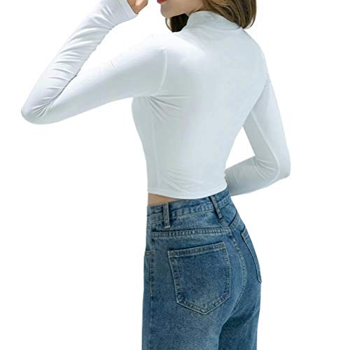 LONGBIDA Women's Long Sleeve Mock Neck Pure White Sexy Stretch Crop TOP T Shirt(White,XL)