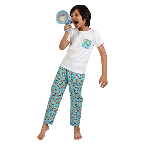 Image of Frangipani Cotton, Regular Fit, Tee & Bottom Construction CampusPrint Night Suit Pyjama Set for Kids