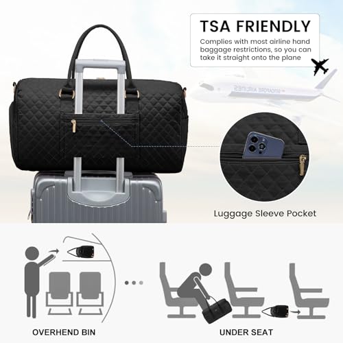 LOVEVOOK Travel Duffle Bag, Weekender Bags for Women with Shoe Compartment, Quilted Carry on Overnight Bag with Toiletry Bag, Hospital Bags for Labor and Delivery, Gym Duffel Bag with Wet Pocket Black — view 5