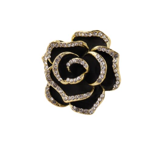 Camellia Black Enamel Rhinestone Brooch