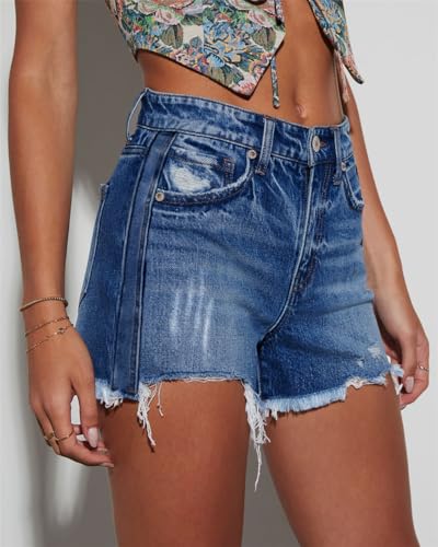 Image of onlypuff Womens Jean Short Cut Off Denim Shorts High Waist Ripped Distressed Stretchy