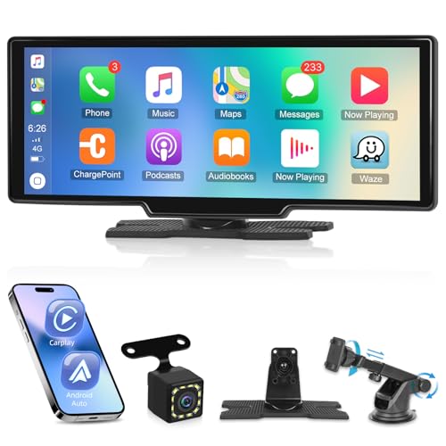 Wireless Apple Play Screen for Car 10.26 inch Carplay Screen Support Car Play & Android Auto Touchscreen FM Transmission Super Link Video Bluetooth, for 7V-32V Vehicles +Reverse Camera